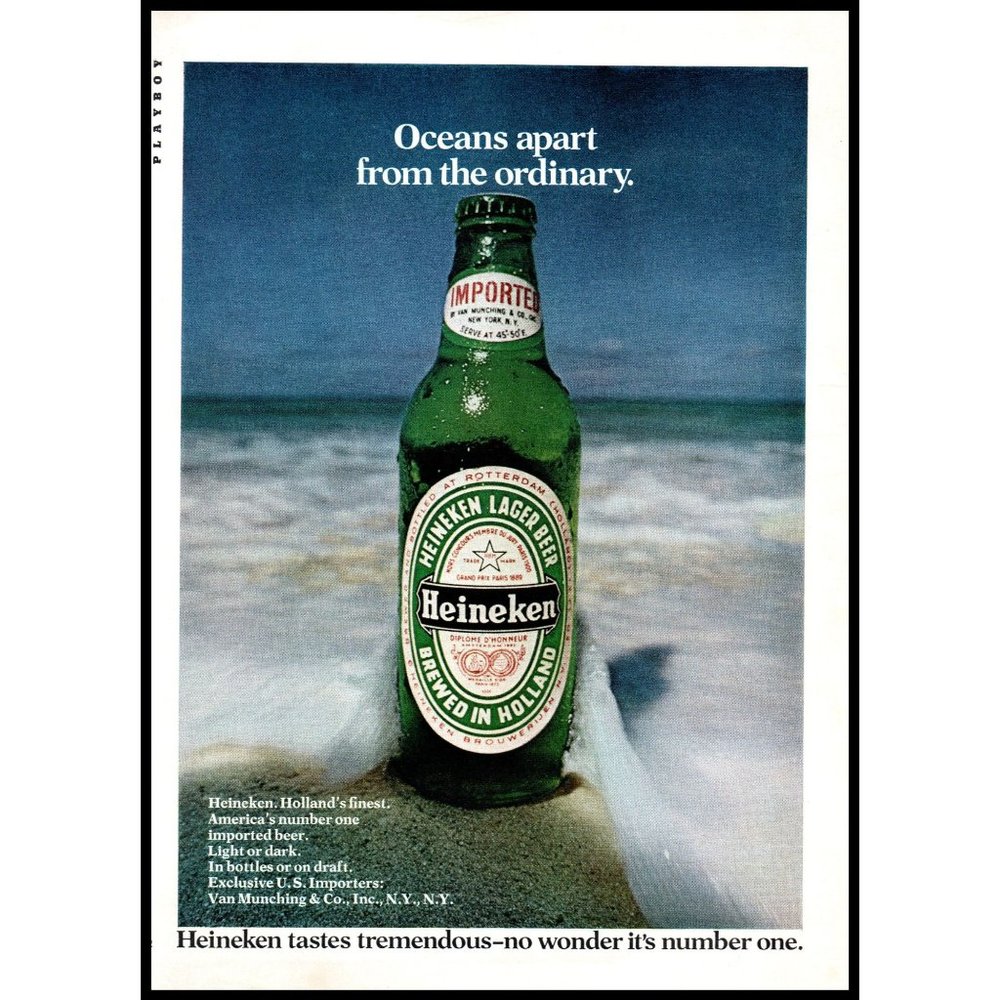 1975 Heineken Beer Vintage Print Ad Oceans Apart From Ordinary Bottle Beach Art